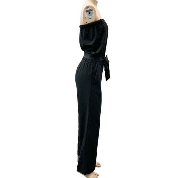 Ann Taylor Loft Belted Tie Waist Strapless Straight Leg Black‎ Jumpsuit Women XS - Picture 3 of 12